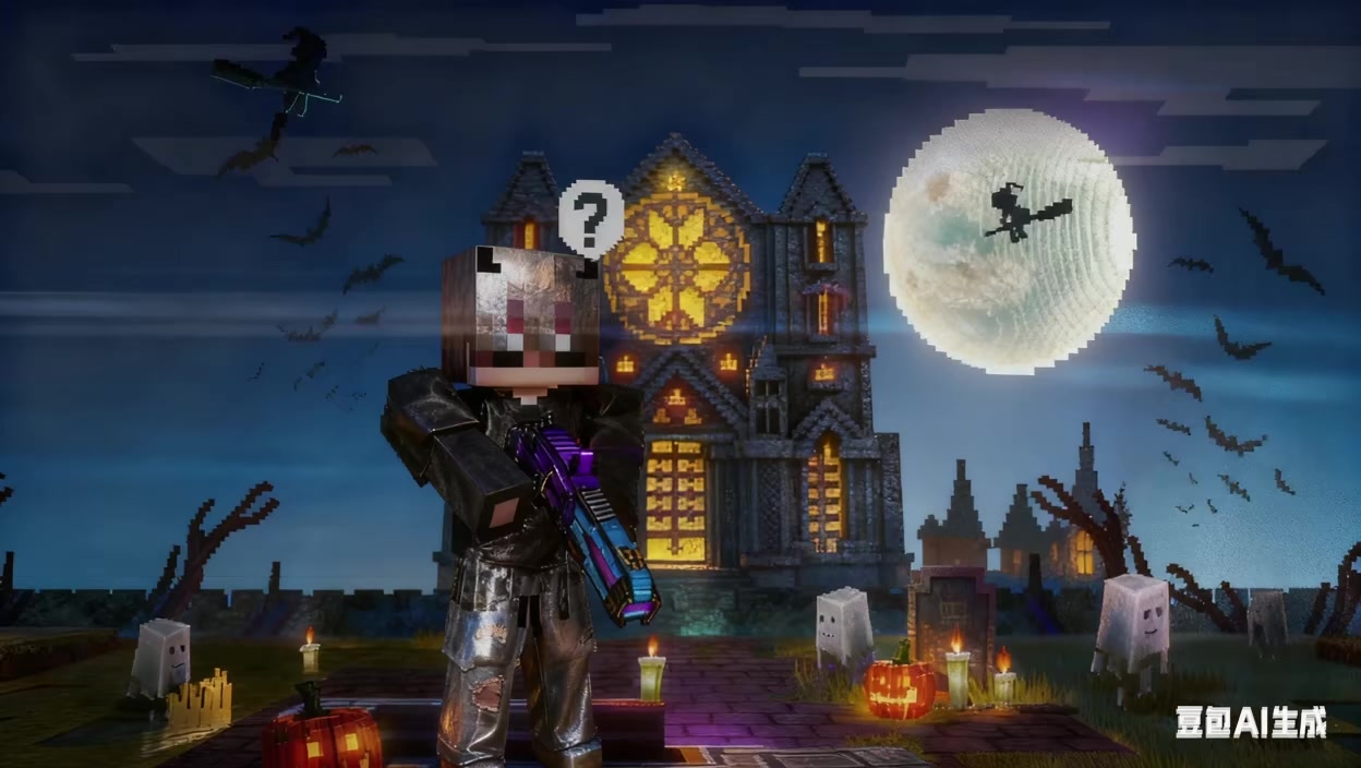 蝙蝠掠影惊惶。 南瓜灯亮，枯叶绕十字轻晃