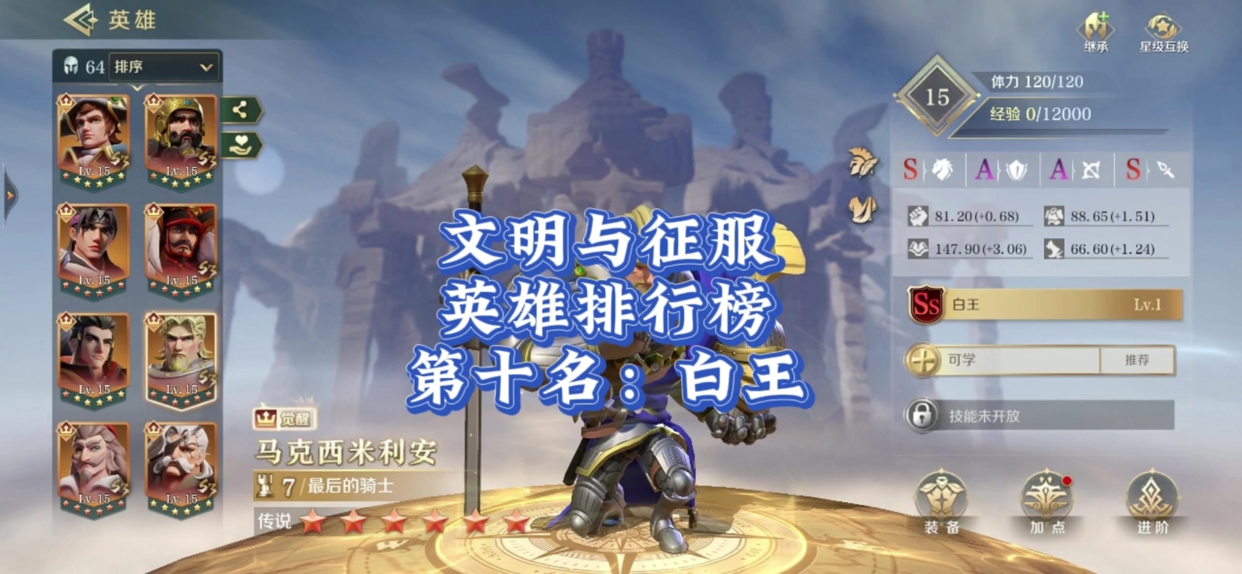 文明与征服英雄排行榜，第十名，白王。截图